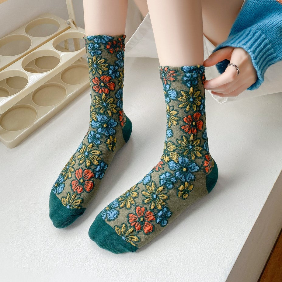 Retro Garden Floral Mesh Socks - Green