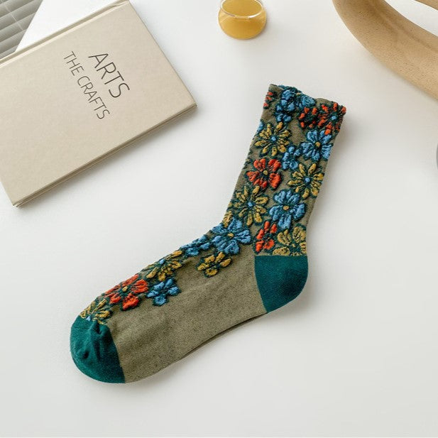 Retro Garden Floral Mesh Socks - Green - 1