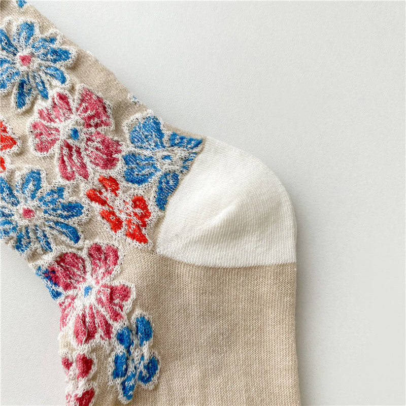 Retro Garden Floral Mesh Socks - White - 1