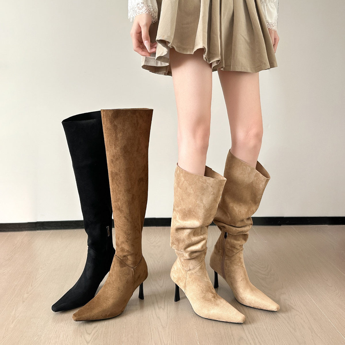Slouchy Faux Suede Pointed Toe Knee High Boots