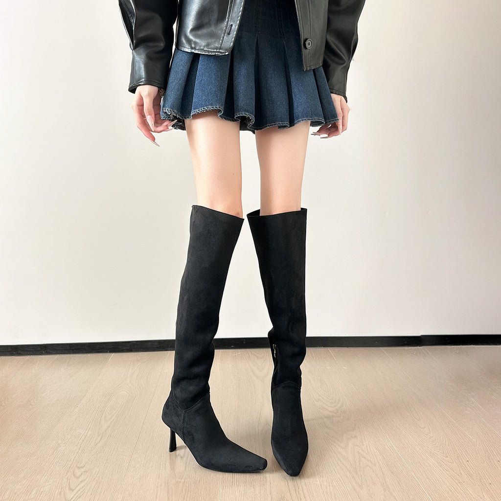 Slouchy Faux Suede Pointed Toe Knee High Boots