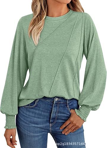 Balloon Sleeve Knit Blouse With Ribbed Cuffs - Green