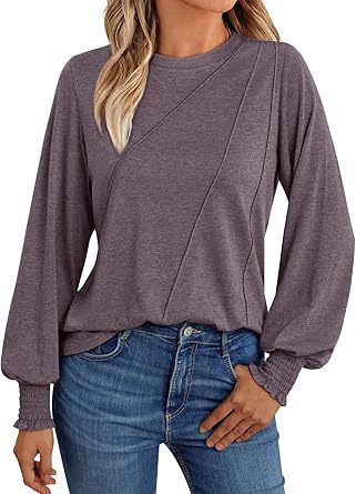Balloon Sleeve Knit Blouse With Ribbed Cuffs - GreyBrown