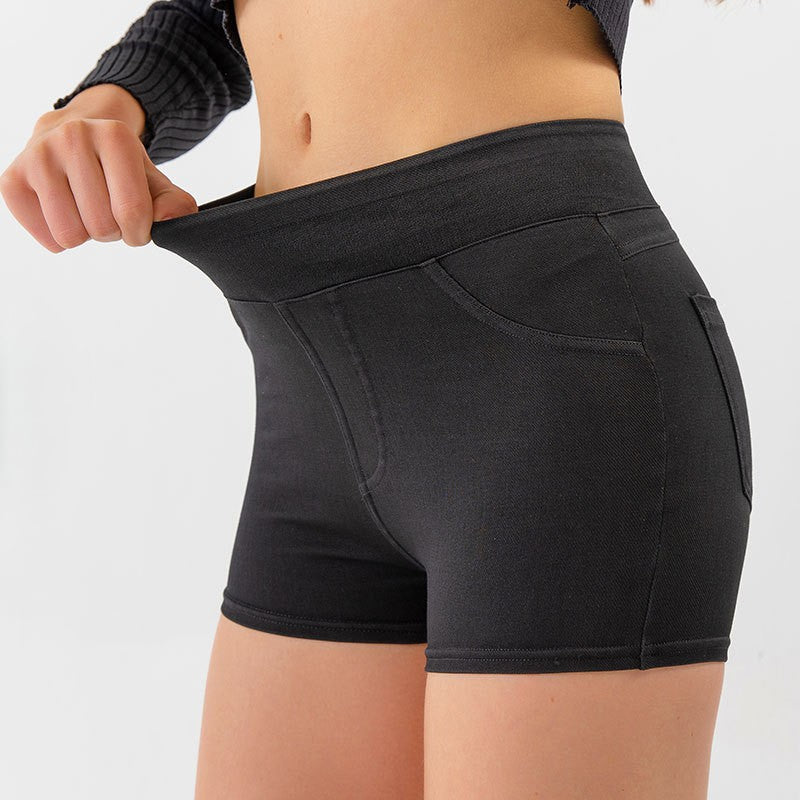 High Waist Stretch Denim Bike Shorts - Black
