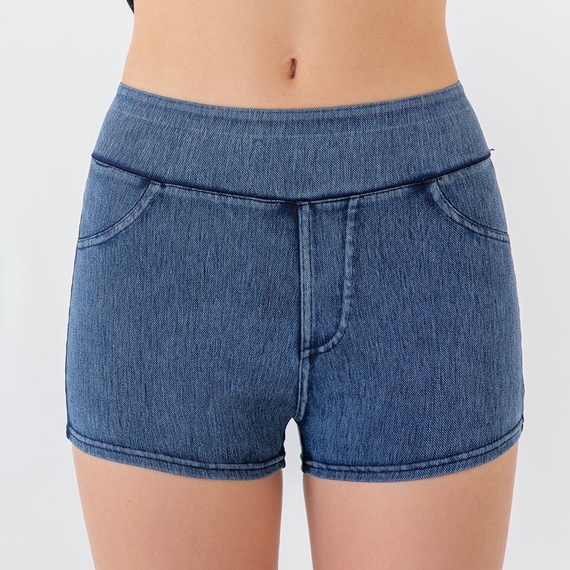 High Waist Stretch Denim Bike Shorts - Blue