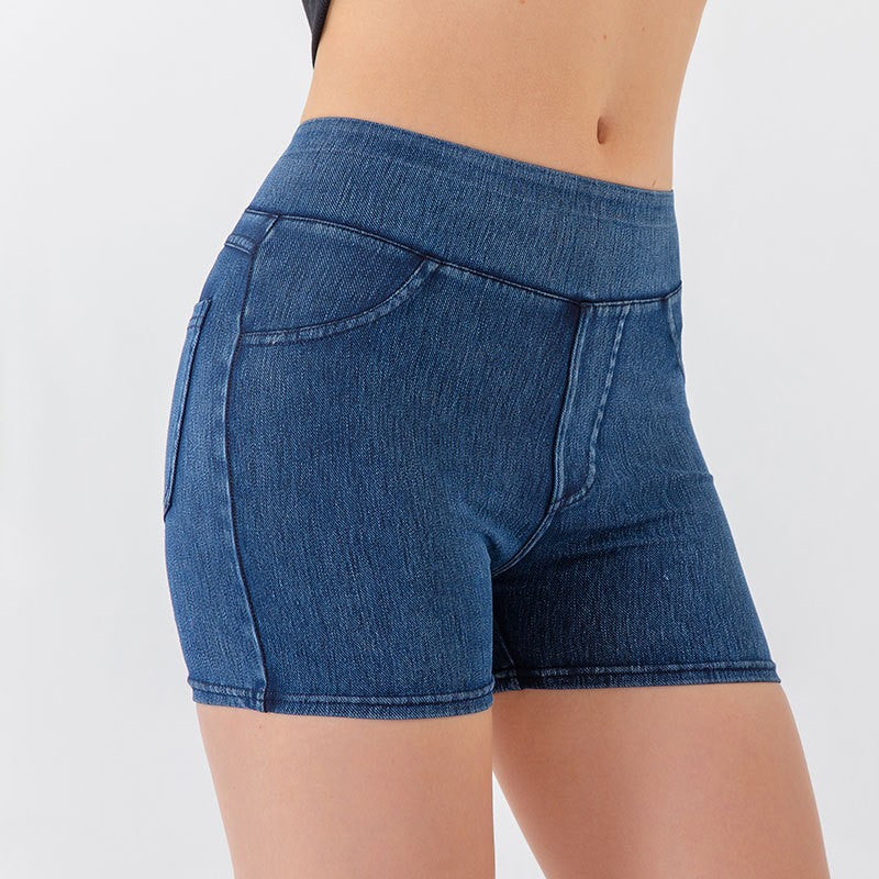 High Waist Stretch Denim Bike Shorts - DarkBlue