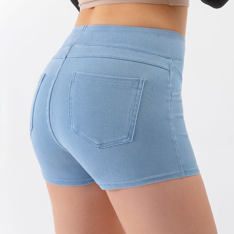 High Waist Stretch Denim Bike Shorts - LightBlue