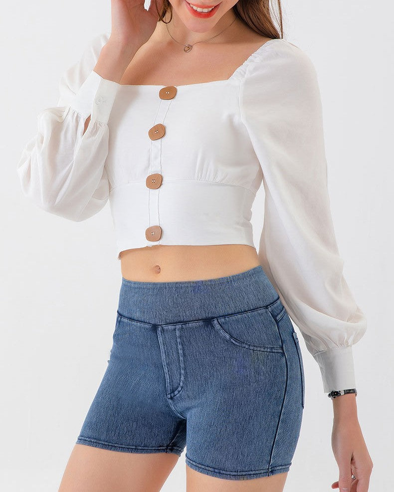 High Waist Stretch Denim Bike Shorts - view 3
