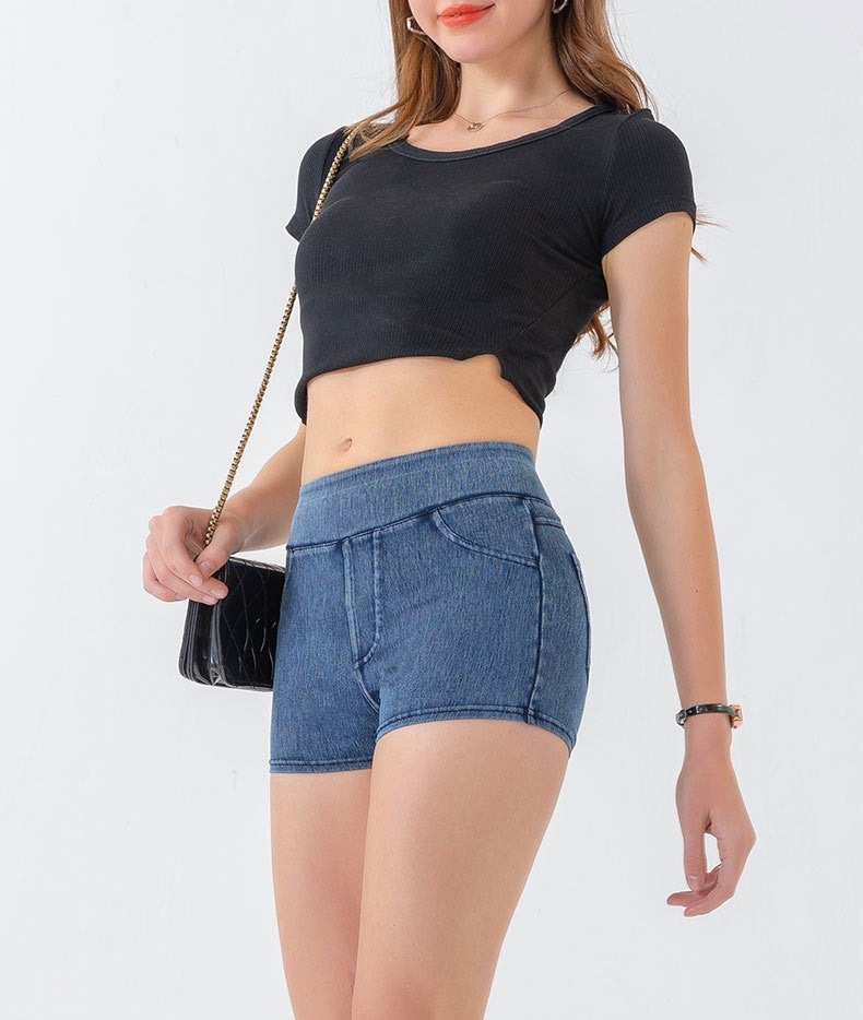 High Waist Stretch Denim Bike Shorts - view 4