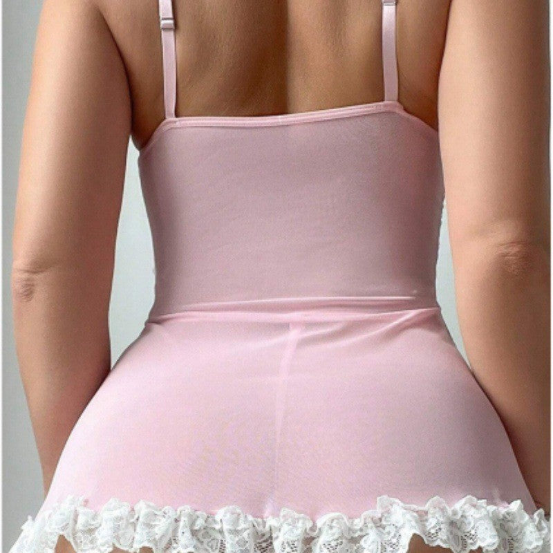 Floral Lace Bow Ruffle Hem Babydoll Garter Set