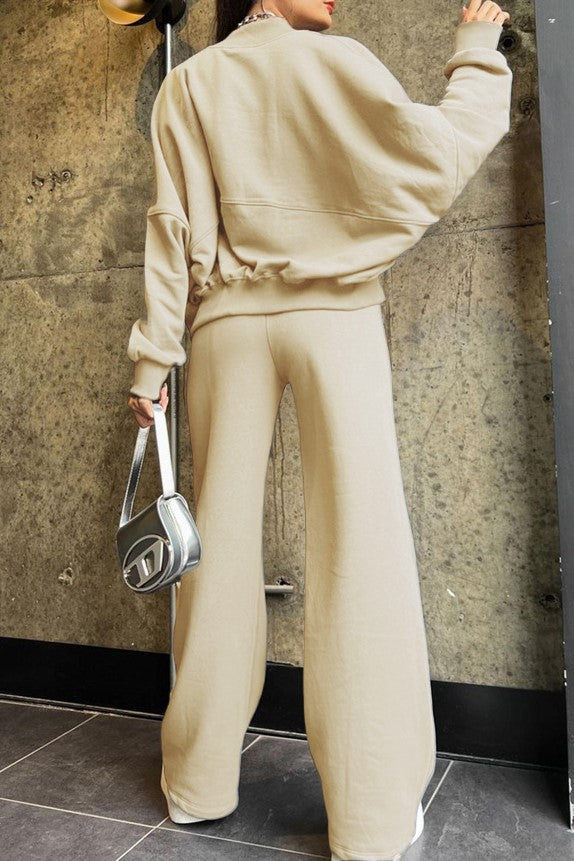 Zip Up Jacket And Wide Leg Pant Set - Beige - 4