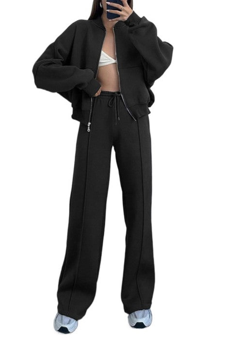 Zip Up Jacket And Wide Leg Pant Set - Black