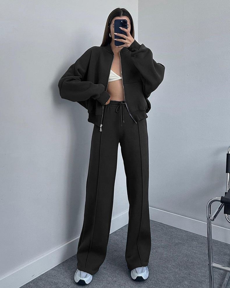 Zip Up Jacket And Wide Leg Pant Set - Black - 1
