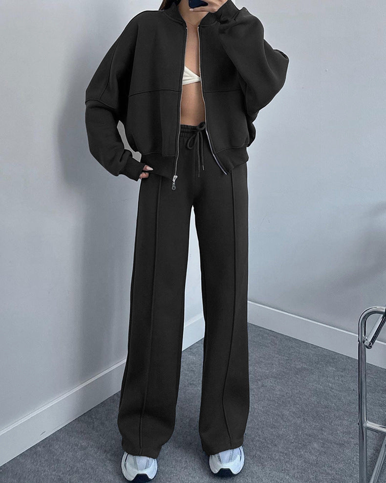 Zip Up Jacket And Wide Leg Pant Set - Black - 2