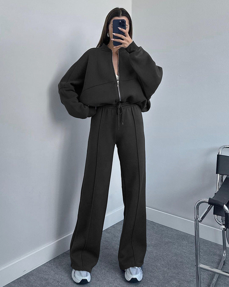 Zip Up Jacket And Wide Leg Pant Set - Black - 3