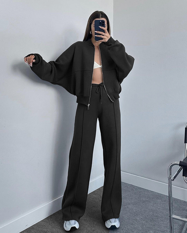 Zip Up Jacket And Wide Leg Pant Set - Black - 5
