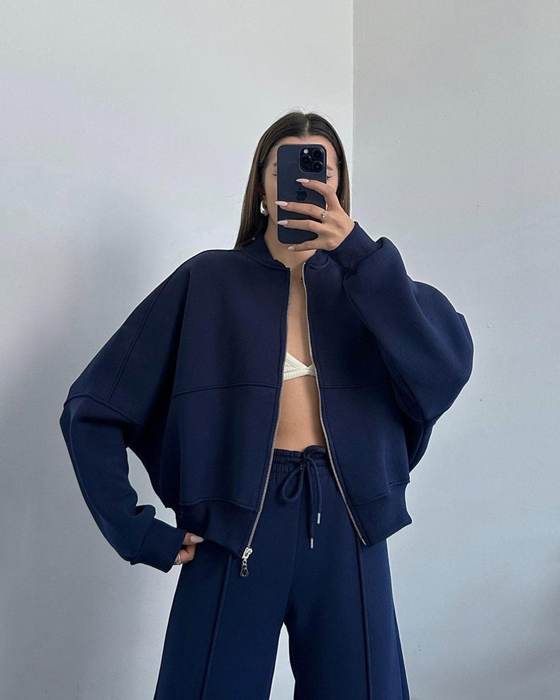 Zip Up Jacket And Wide Leg Pant Set - Blue - 2