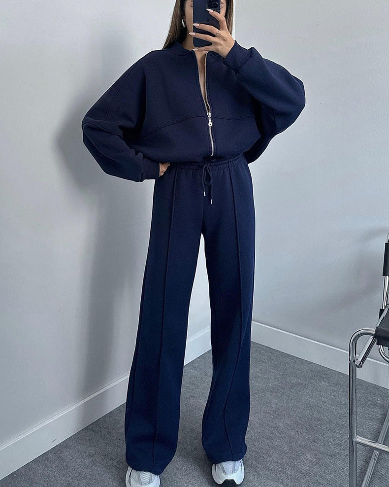 Zip Up Jacket And Wide Leg Pant Set - Blue - 3