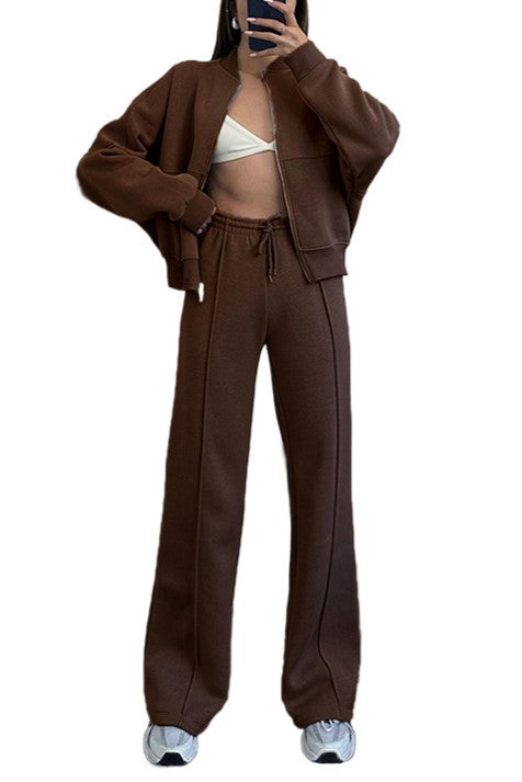 Zip Up Jacket And Wide Leg Pant Set - Coffee