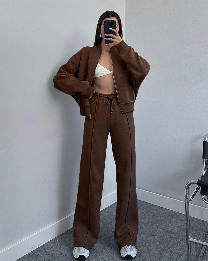 Zip Up Jacket And Wide Leg Pant Set - Coffee - 1