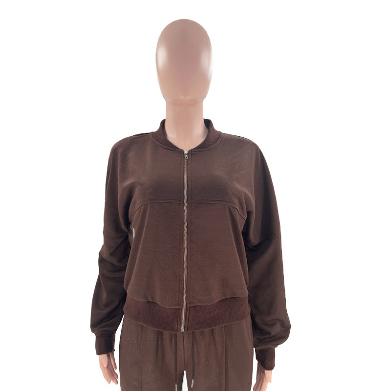 Zip Up Jacket And Wide Leg Pant Set - Coffee - 10