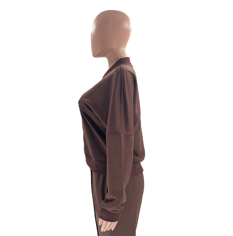 Zip Up Jacket And Wide Leg Pant Set - Coffee - 11