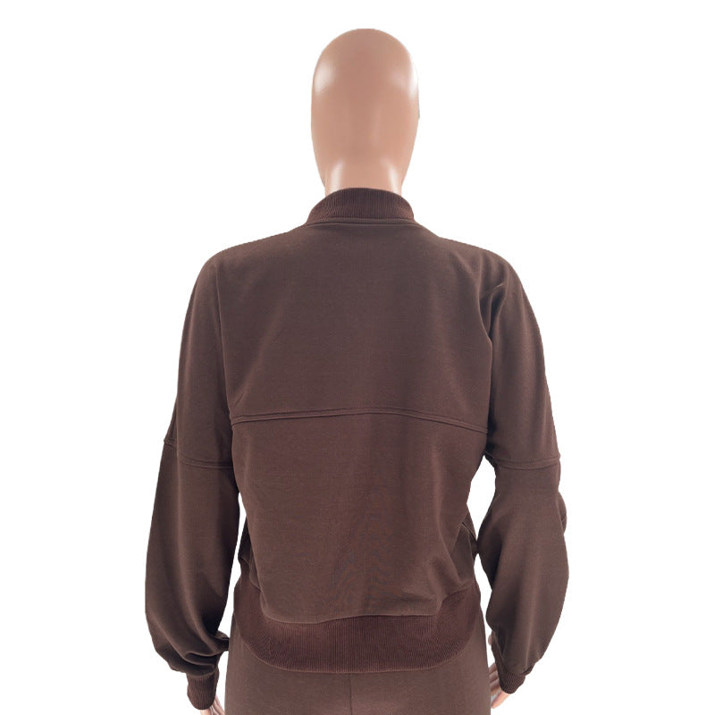 Zip Up Jacket And Wide Leg Pant Set - Coffee - 12