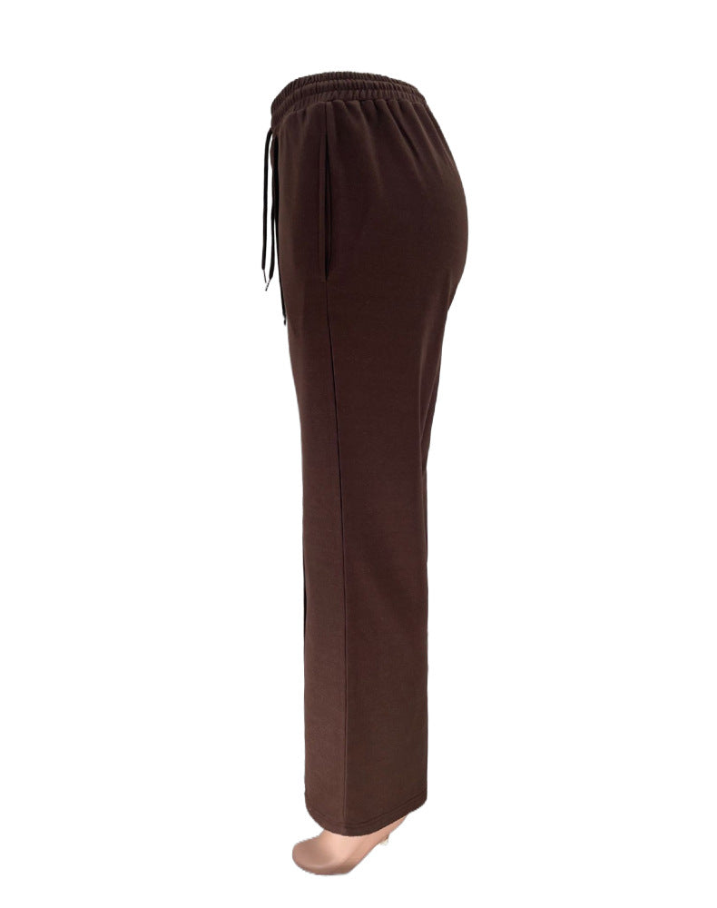 Zip Up Jacket And Wide Leg Pant Set - Coffee - 15