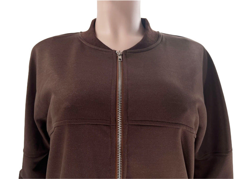 Zip Up Jacket And Wide Leg Pant Set - Coffee - 17