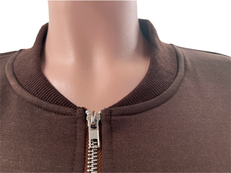 Zip Up Jacket And Wide Leg Pant Set - Coffee - 18