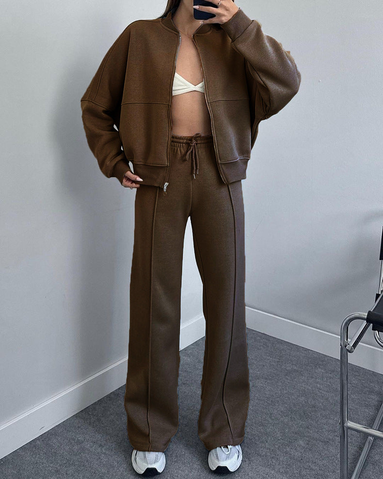 Zip Up Jacket And Wide Leg Pant Set - Coffee - 2