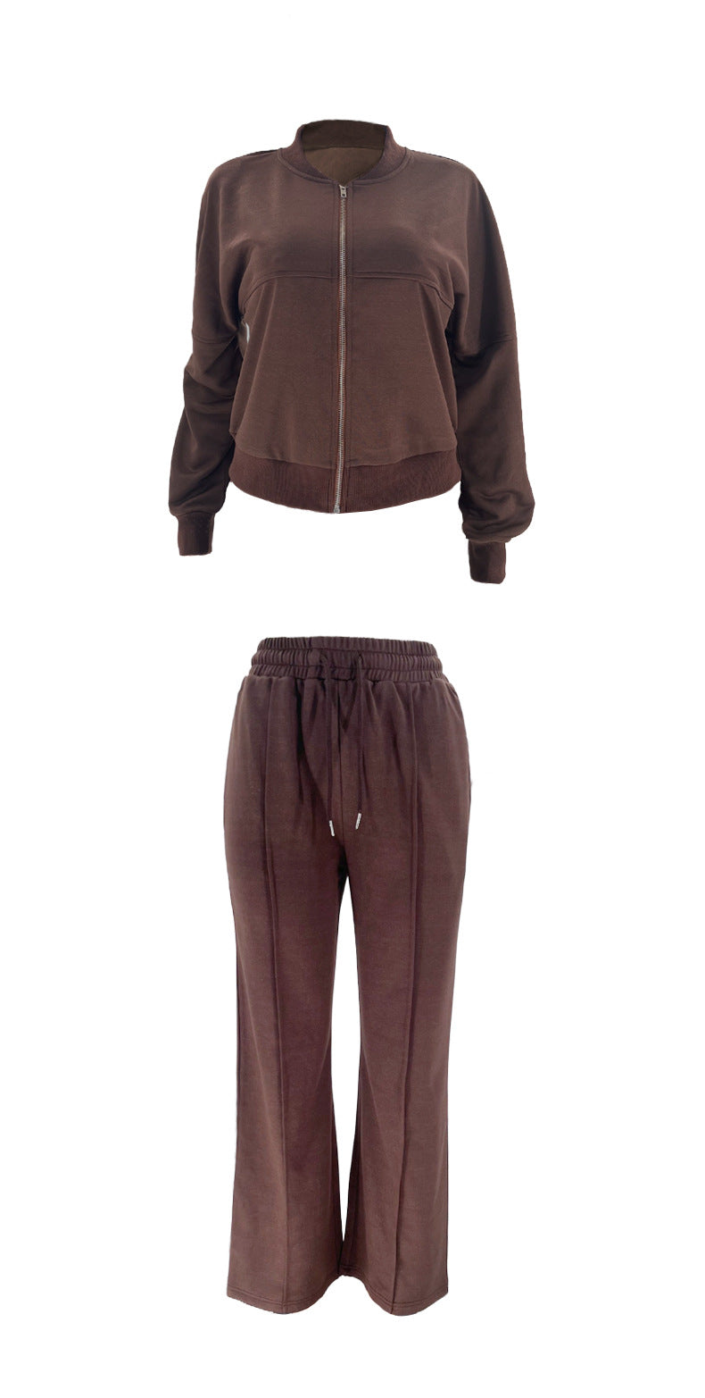 Zip Up Jacket And Wide Leg Pant Set - Coffee - 21