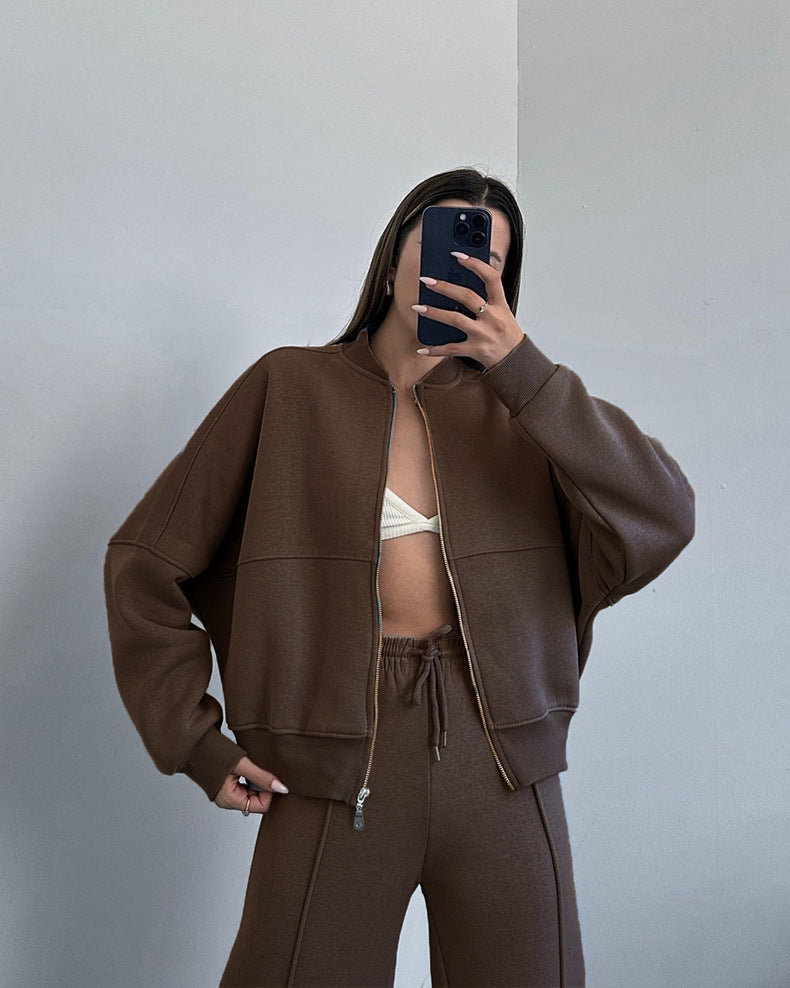 Zip Up Jacket And Wide Leg Pant Set - Coffee - 3
