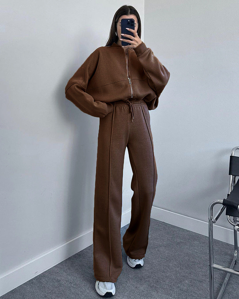 Zip Up Jacket And Wide Leg Pant Set - Coffee - 4