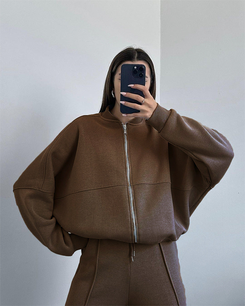 Zip Up Jacket And Wide Leg Pant Set - Coffee - 5