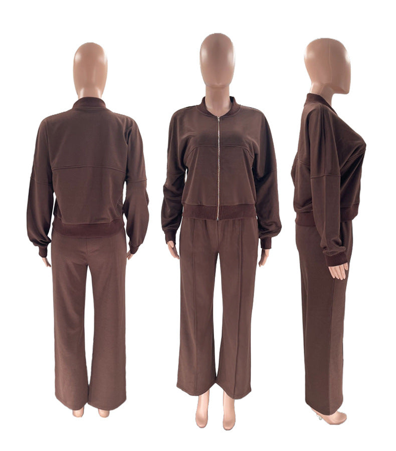 Zip Up Jacket And Wide Leg Pant Set - Coffee - 6