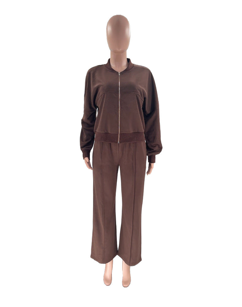 Zip Up Jacket And Wide Leg Pant Set - Coffee - 7