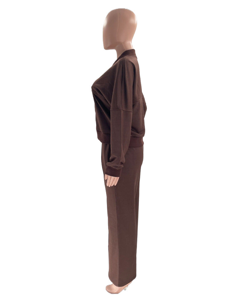 Zip Up Jacket And Wide Leg Pant Set - Coffee - 8