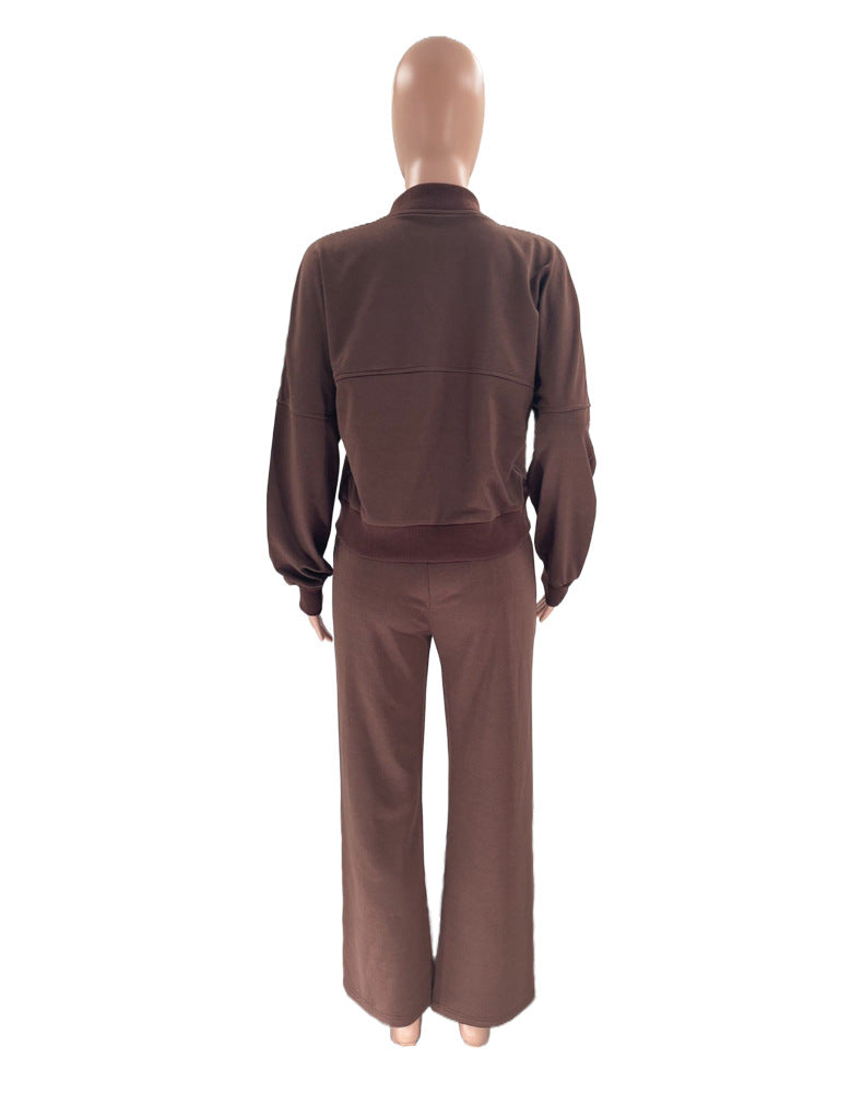Zip Up Jacket And Wide Leg Pant Set - Coffee - 9