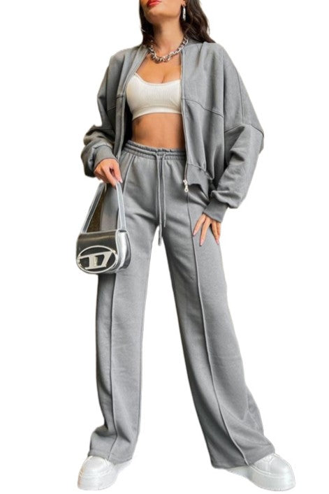 Zip Up Jacket And Wide Leg Pant Set - Gray