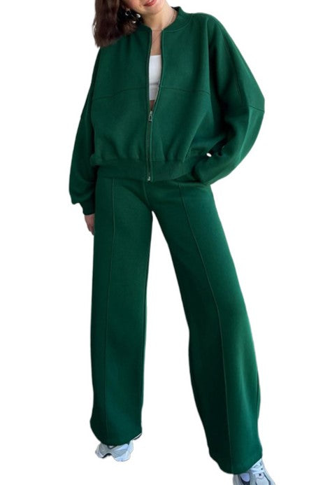 Zip Up Jacket And Wide Leg Pant Set - Green