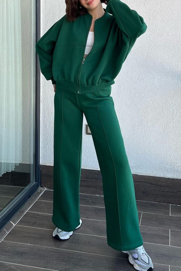 Zip Up Jacket And Wide Leg Pant Set - Green - 1