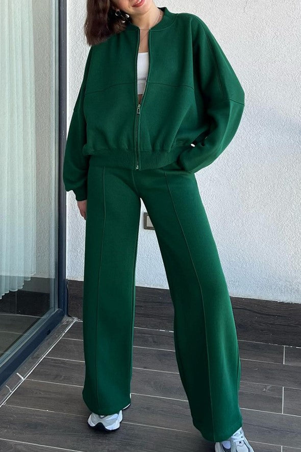 Zip Up Jacket And Wide Leg Pant Set - Green - 2