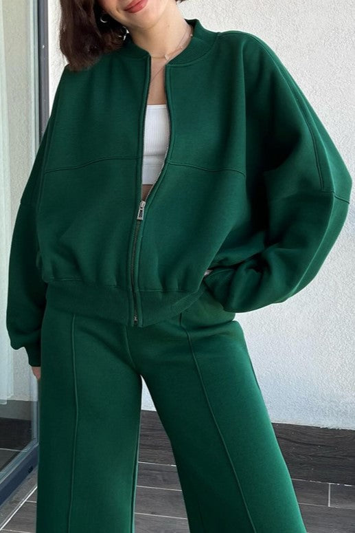 Zip Up Jacket And Wide Leg Pant Set - Green - 3