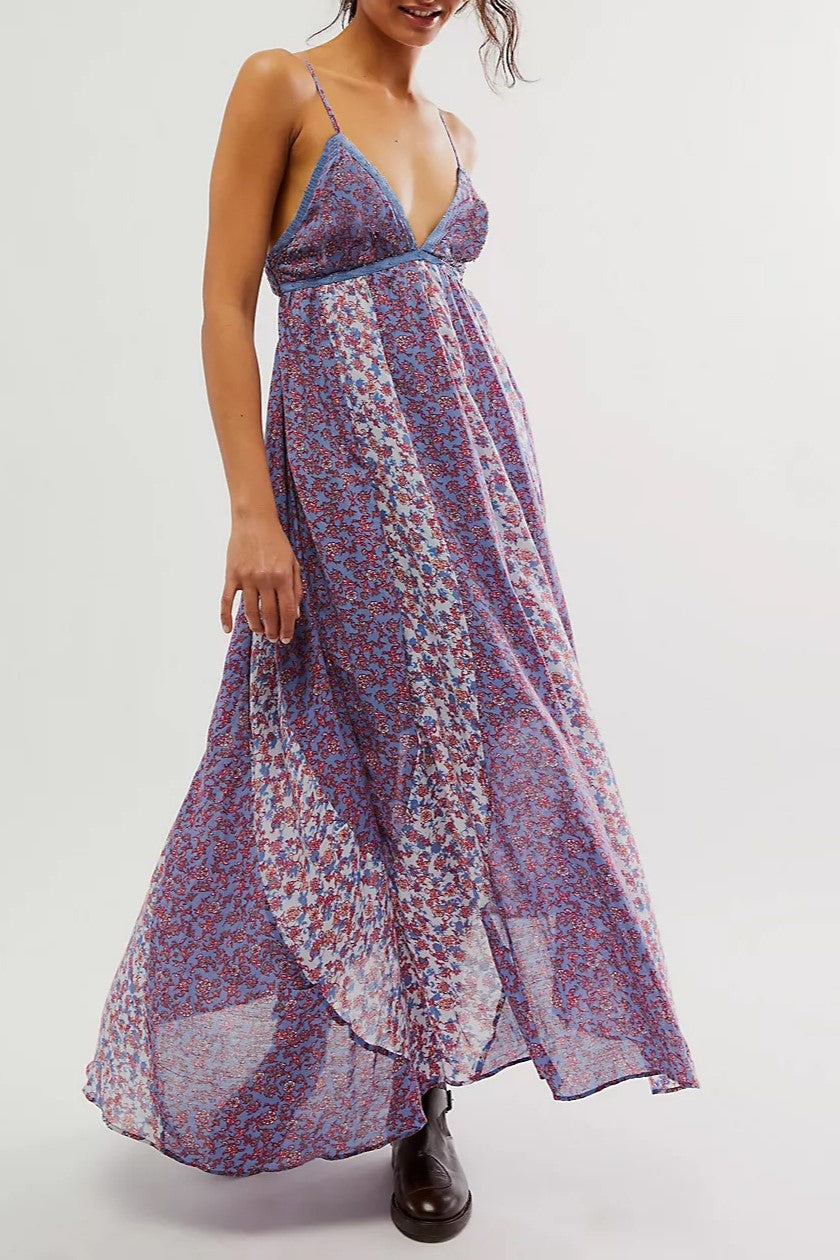 Ditsy Floral Open Back Maxi Slip Dress - purple