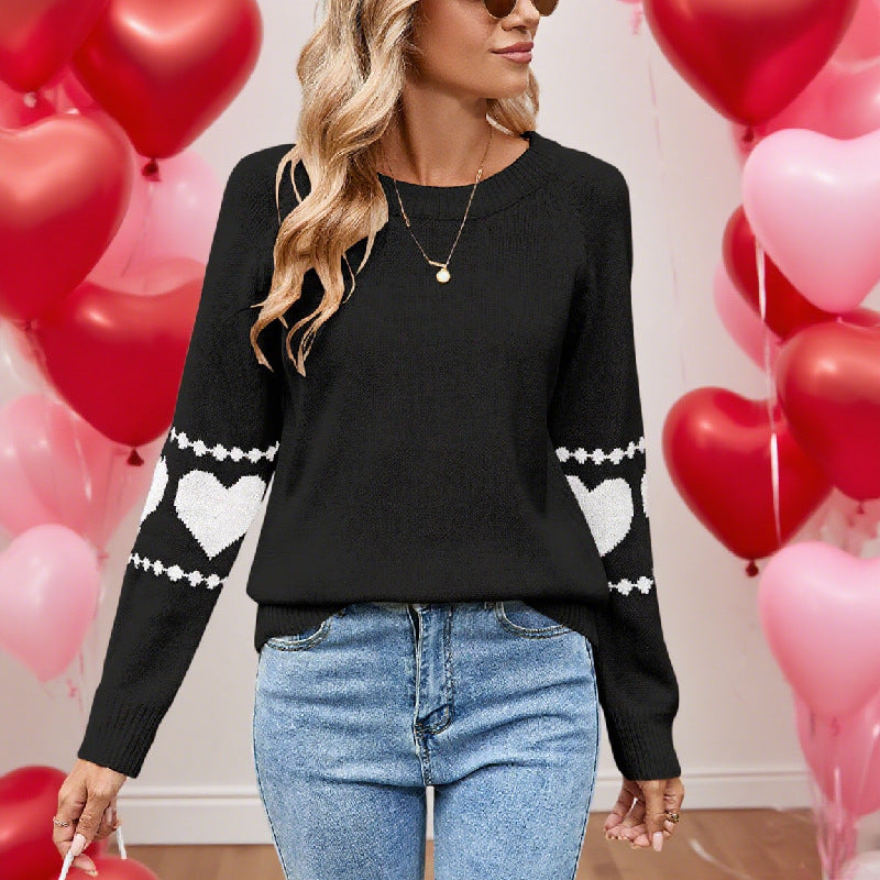 Heart Sleeve Trim Crew Neck Sweater - Black