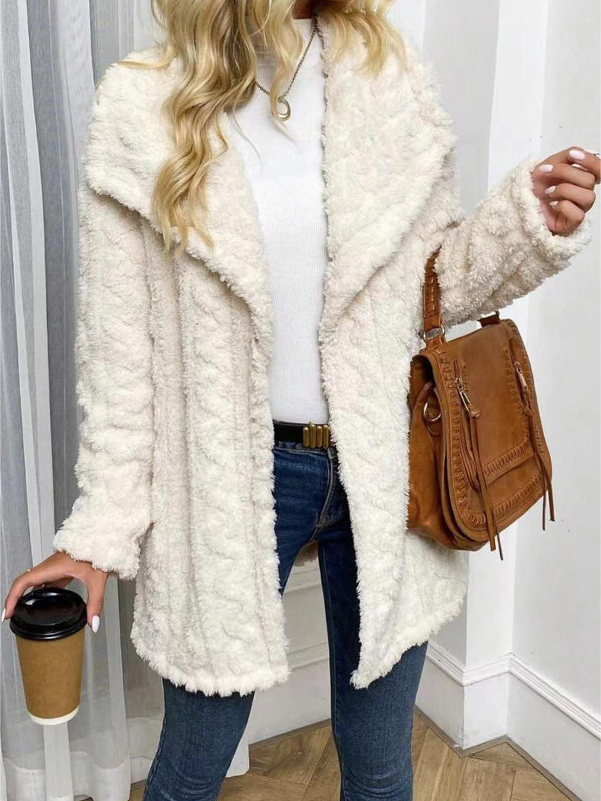 Textured Plush Shawl Collar Longline Jacket - Beige
