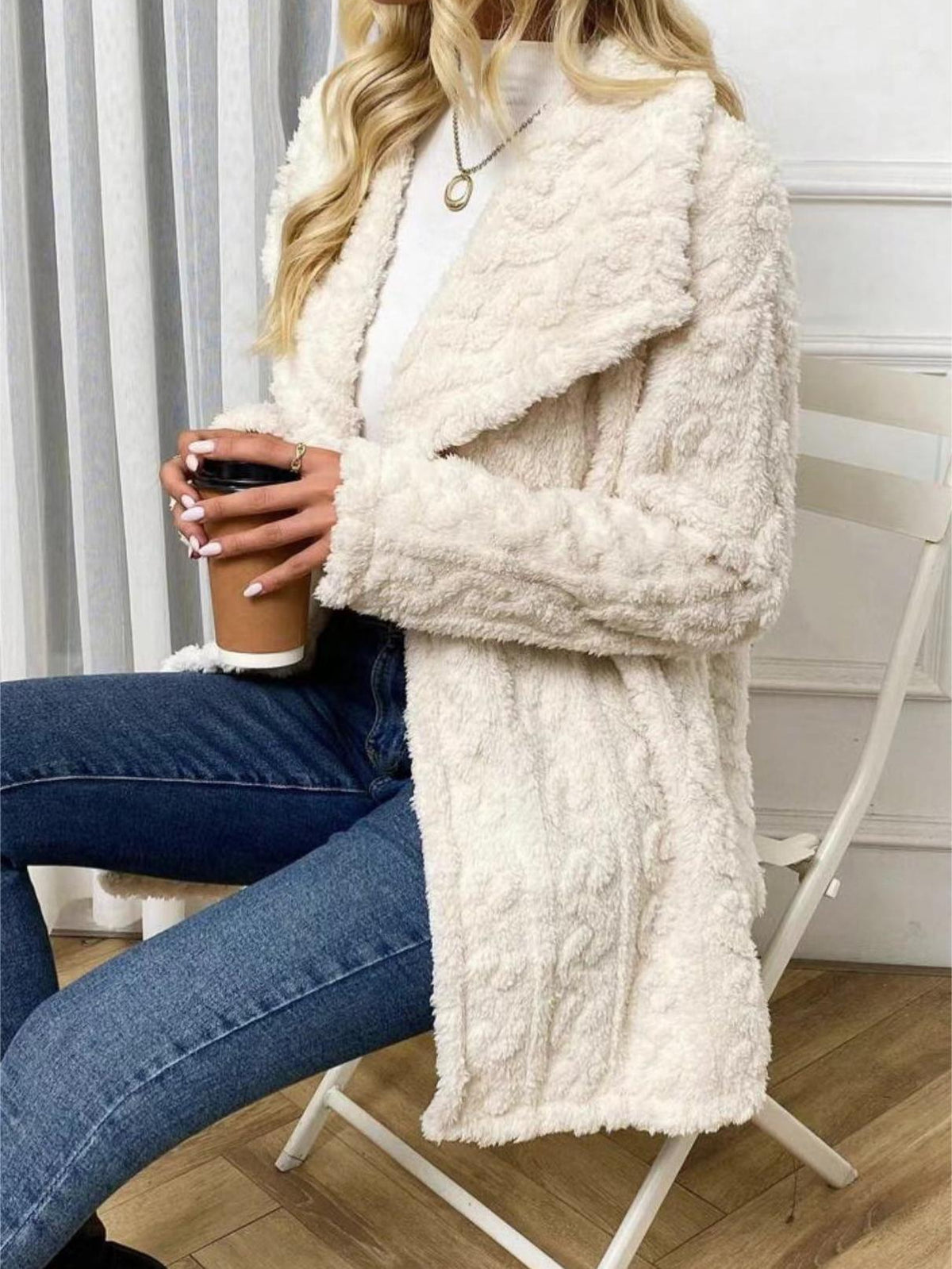 Textured Plush Shawl Collar Longline Jacket - Beige - 1