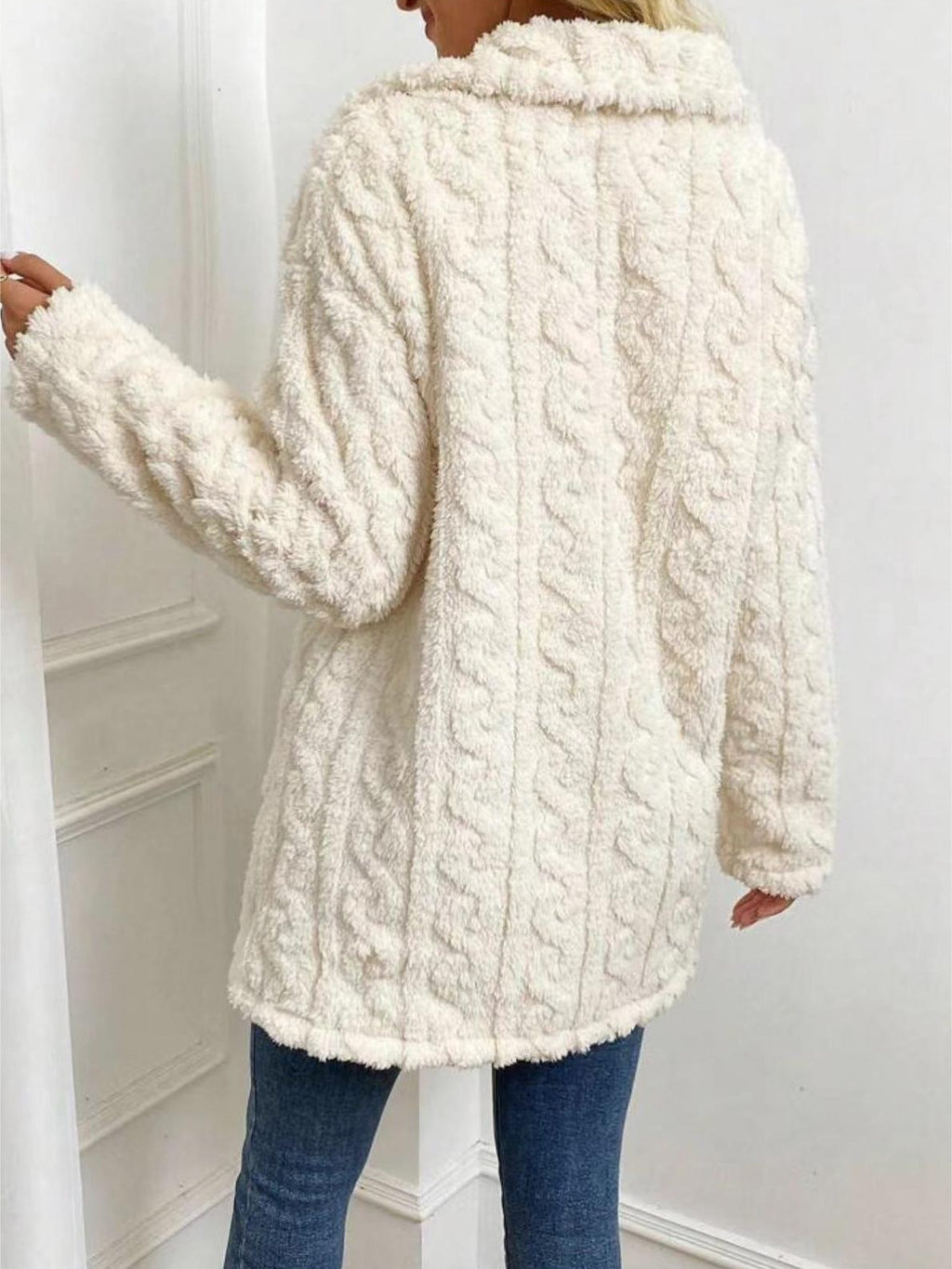 Textured Plush Shawl Collar Longline Jacket - Beige - 2