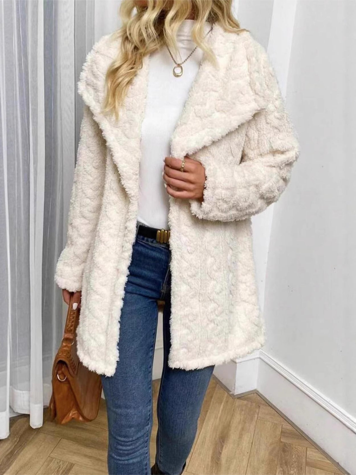 Textured Plush Shawl Collar Longline Jacket - Beige - 3